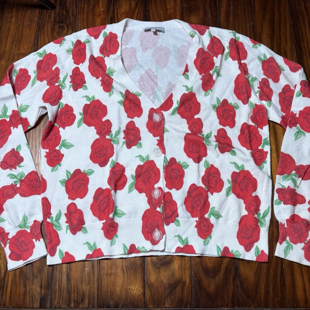 J. Society Rose Floral Cardigan Sweater Red White Cotton M A1387